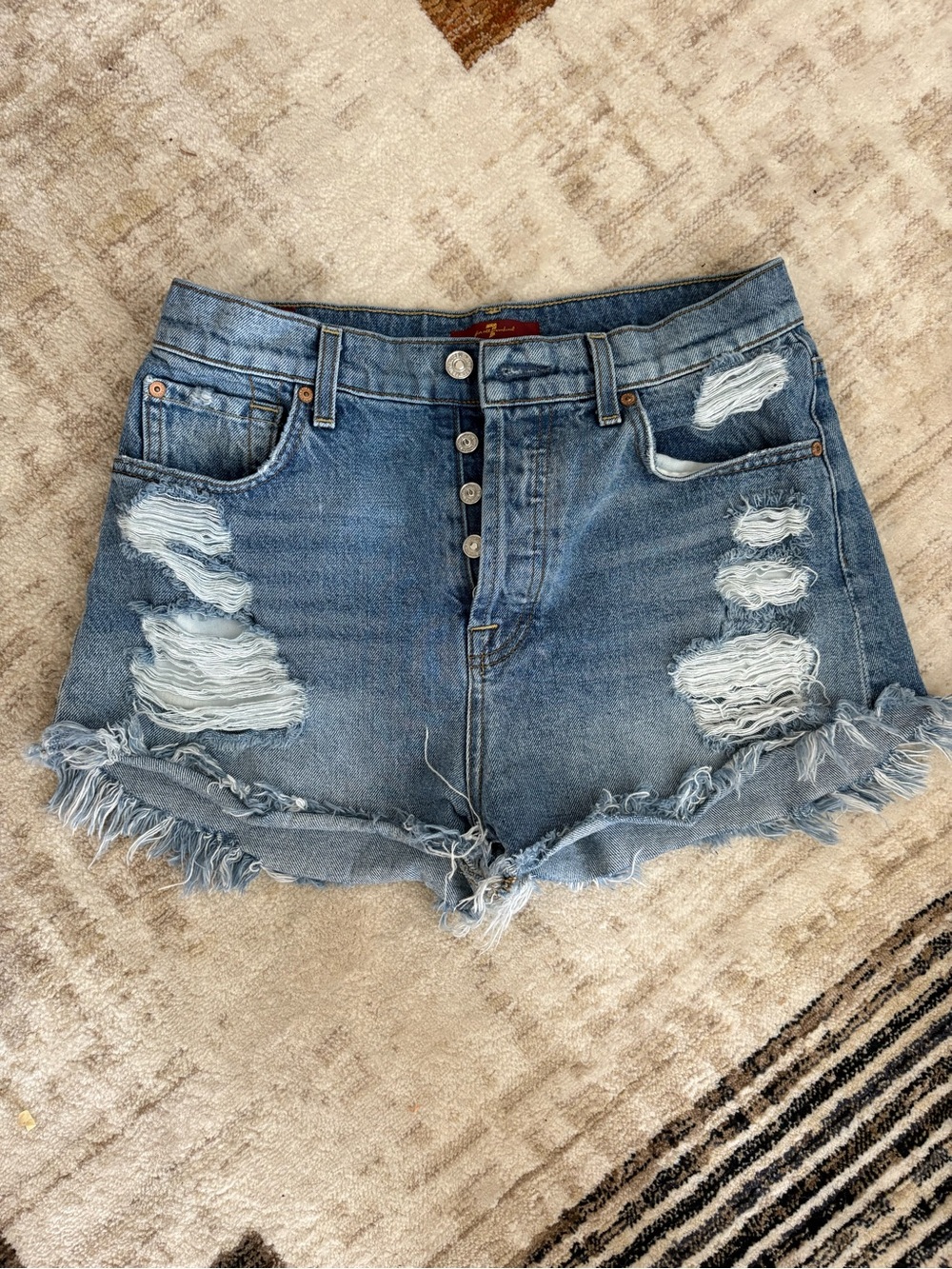 Distressed High-Rise Denim Shorts - Blue